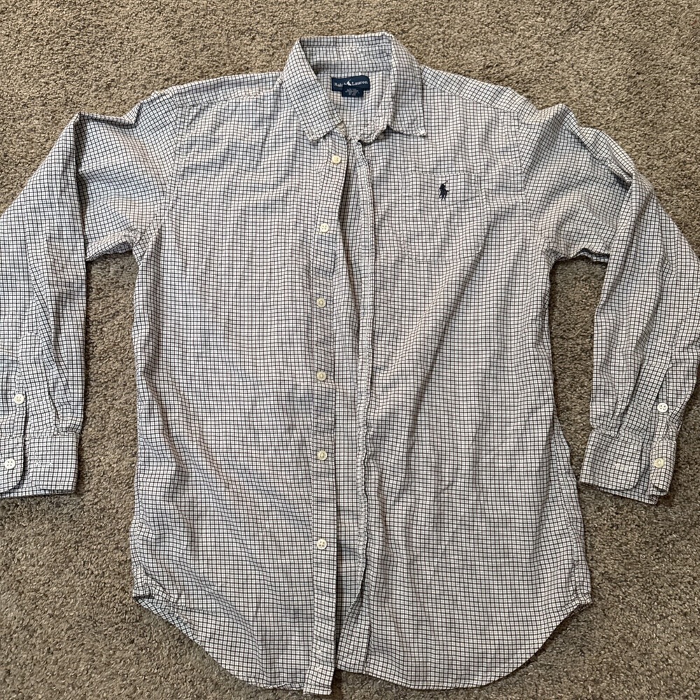 Polo Ralph Lauren Dress Shirt Boys XL 20 Blue Beige Plaid Blake Button Up